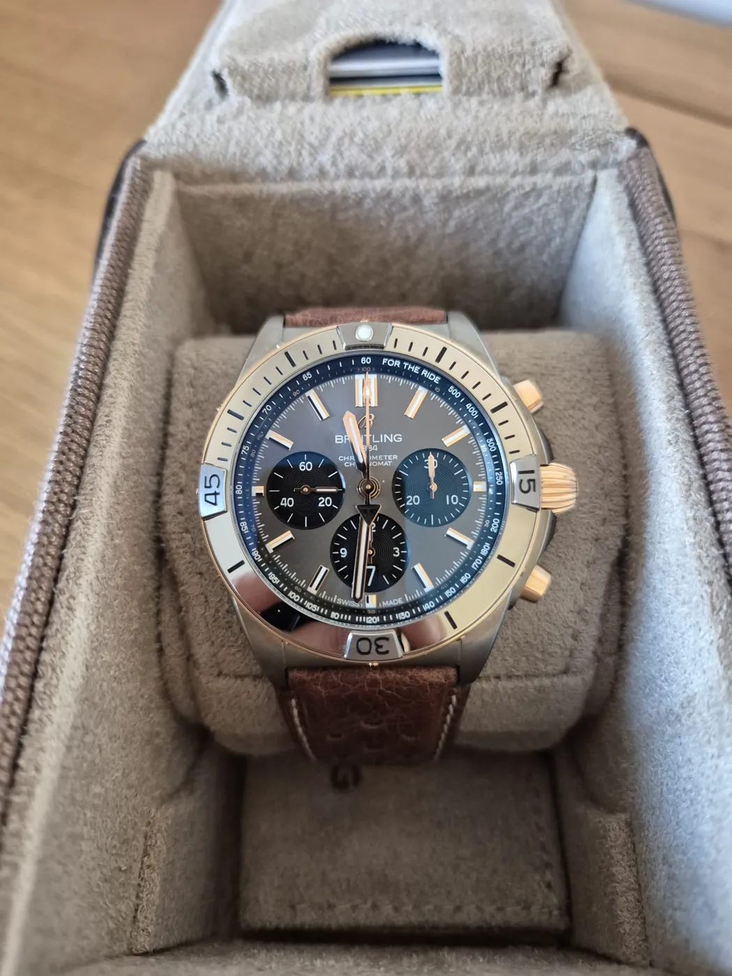 Breitling Chronomat chronograph with brown leather strap in its box