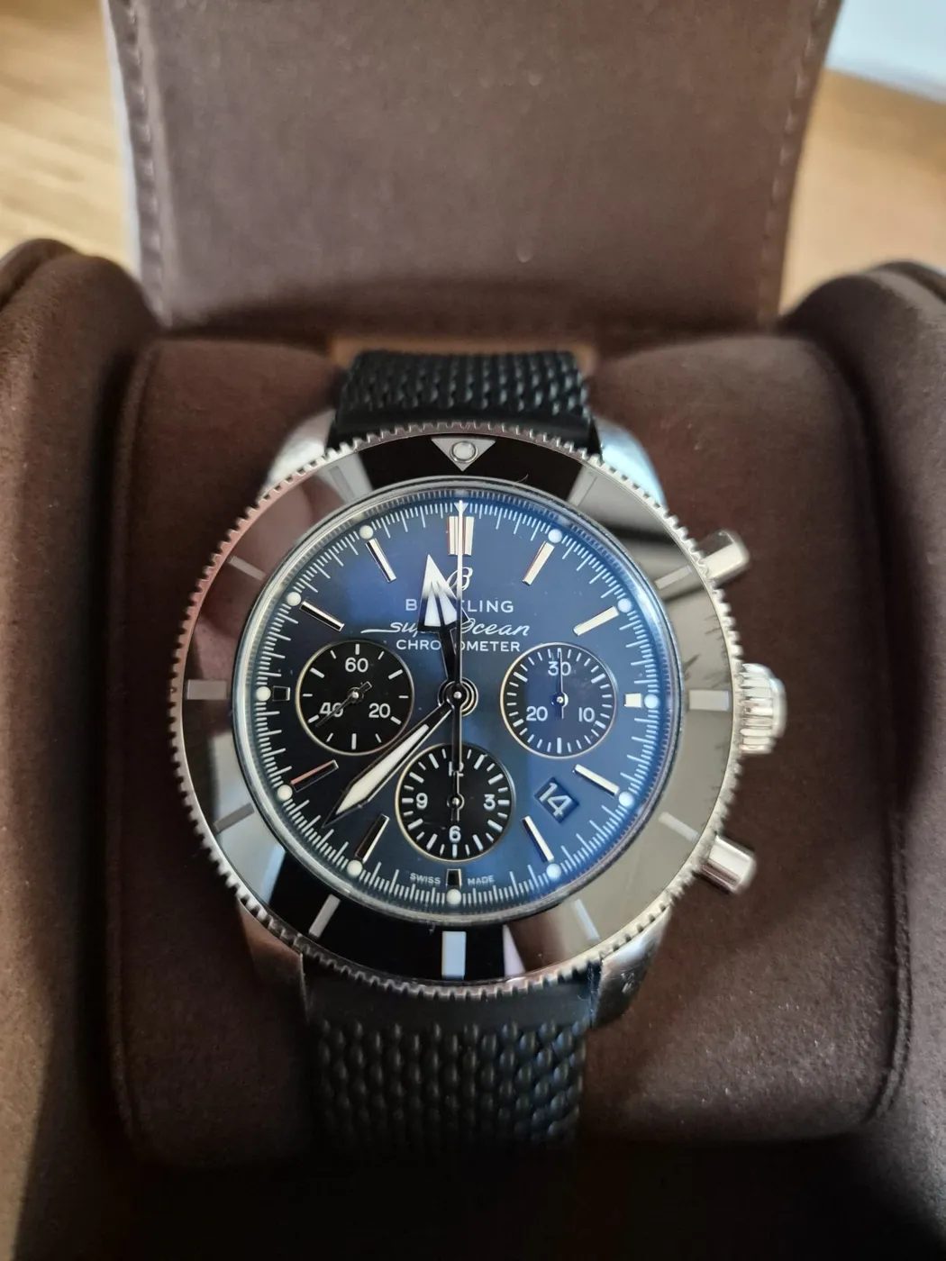 Breitling Superocean Heritage chronograph with blue dial and rubber strap in its box