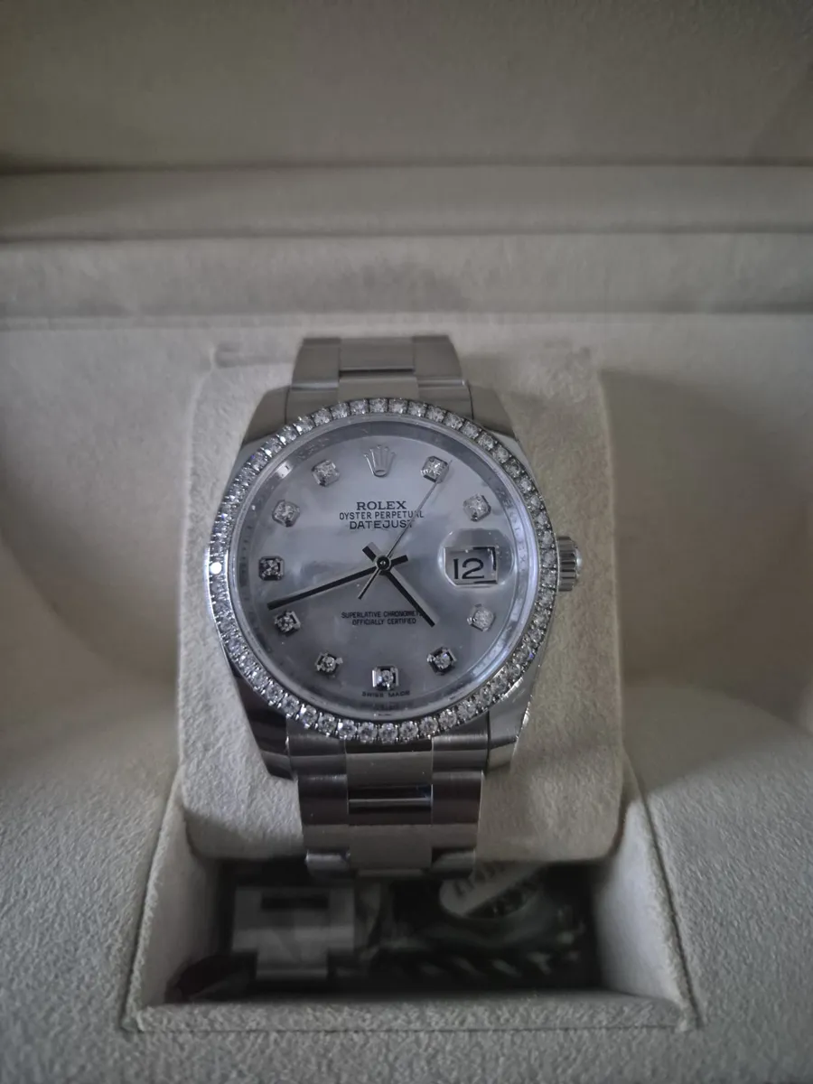 Steel Rolex Datejust 36 with diamond-set bezel and mother-of-pearl diamond dial, in its box